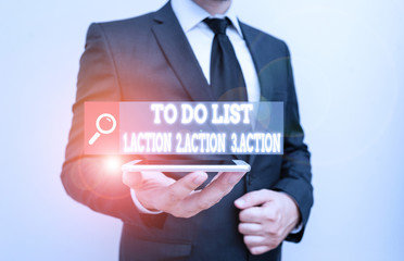 Word writing text To Do List 1Action 2Action 3Action. Business photo showcasing putting day priorities in order