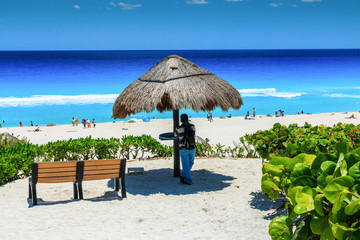 umbrella and chairs on tropical beach