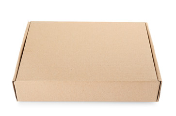 Closed cardboard box on white background. Mockup for design