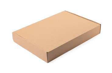 Closed cardboard box on white background. Mockup for design