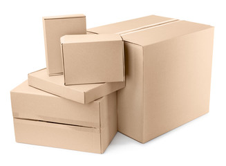 Pile of cardboard boxes on white background