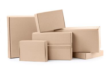 Pile of cardboard boxes on white background
