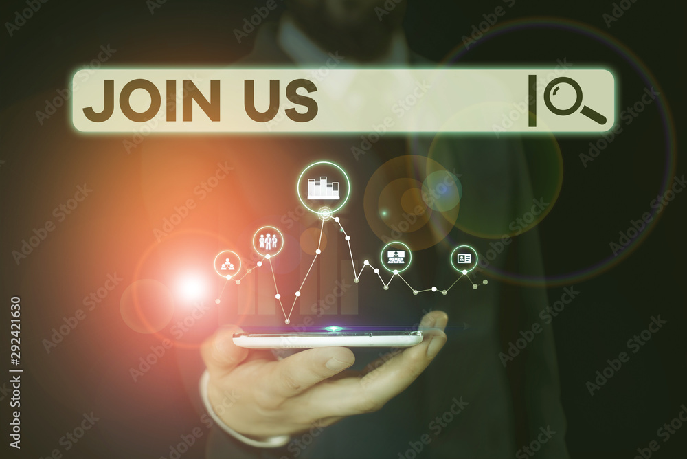Poster conceptual hand writing showing join us. concept meaning register in community team or blog sign up 