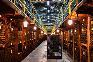 Large modern wine storage, many bottles and boxes of wine.