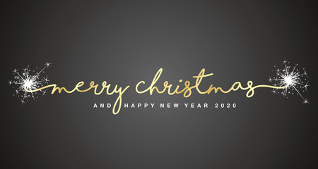 Merry Christmas and Happy New Year 2020 handwritten lettering tipography sparkle firework gold white black background