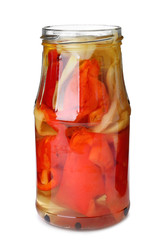 Fototapeta na wymiar Glass jar with pickled bell peppers isolated on white