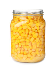 Glass jar with pickled corn isolated on white