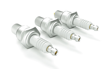 Spare parts spark plugs on white background for car and motorcycle. New auto parts spark plug. 3D render