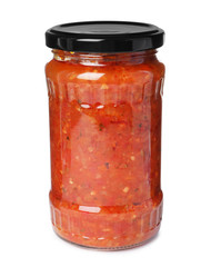 Glass jar with pickled red sauce isolated on white