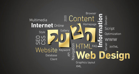 Web Design New Year 2020 gold white word cloud black board background