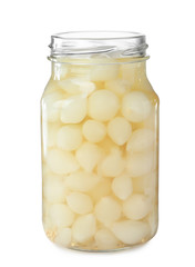Jar with pickled onions on white background