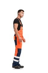 Man in working overalls isolated profile view