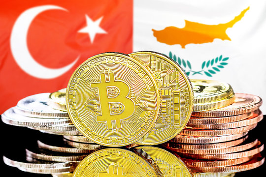 Bitcoins on Turkey and Cyprus flag background
