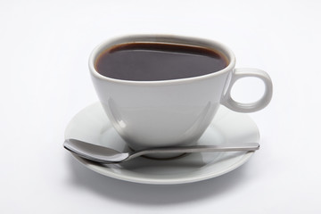 A white coffee cup full of black coffee on a white background