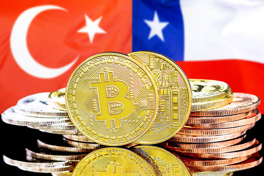 Bitcoins on Turkey and Chile flag background