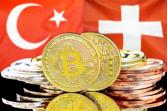 Bitcoins on Turkey and Switzerland flag background