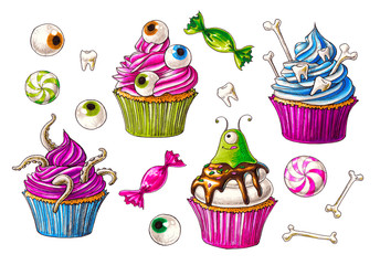 Hand drawn set of sweets for Halloween on white background 