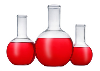 Florence flasks with red liquid on white background. Laboratory glassware