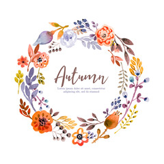 Autumn festive wreath in watercolor style