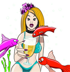 Young woman with beer glass and funny fishes, vector
