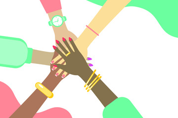 Female hands together, sisterhood, feminism. International Women's Day March 8th. Vector illustration in flat style. Banner design.