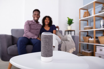 Close-up Of Wireless Speaker In Front Of Couple