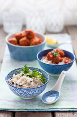 Spiced Rice with Fish Meatballs in Tomato Sauce