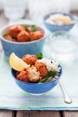 Fish Meatballs in Tomato Sauce with Spiced Rice