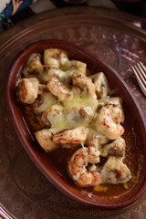 Turkish Casserole Karides Guvec, Shrimp and Mushroom Stew Baked in Clay Dish