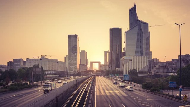 timelapse, Paris LaDefense at sunset