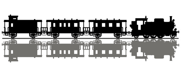 The black silhouette of a vintage passenger steam train
