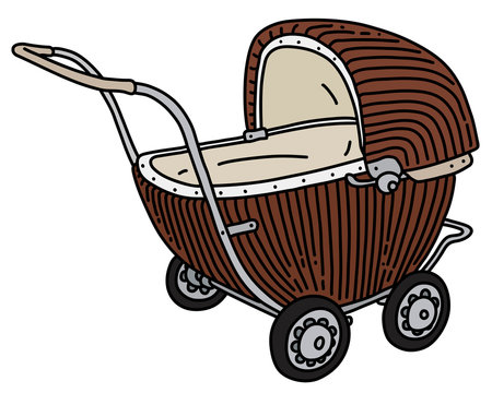 The Vectorized Hand Drawing Of A Retro Brown Wicker Stroller