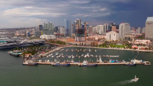 Aerial Panorama of the San Diego Waterfront, CA. Beautiful downtown view near harbour and USS Midway carrier in San Diego, USA.