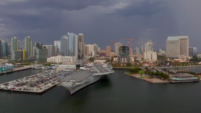 Aerial view of the San Diego skyline and the USS Midway Museum. Beautiful aircraft carrier. 