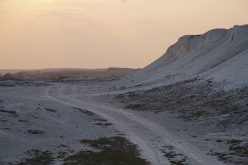 Beautiful landscape in a chalk quarry at sunset