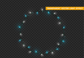 Christmas lights isolated realistic design elements. Glowing lights for Xmas holiday greeting card design. Garlands, Christmas decorations.