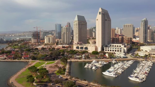 Aerial Panorama of the San Diego Waterfront, CA. Beautiful downtown view near harbour and USS Midway carrier in San Diego, USA.