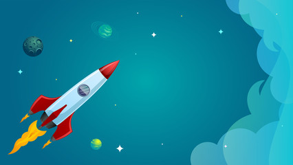 Naklejka na ściany i meble Rocket flying in space. Banner or business card background.
