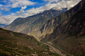 Obraz premium Danba County, Sichuan Province China. Zhonglu Township, Architectural Style of Jiuaju Ancient Tibetan Village. Traditional Tibetan buildings, Suopo towers, beautiful Chinese countryside. Wild West