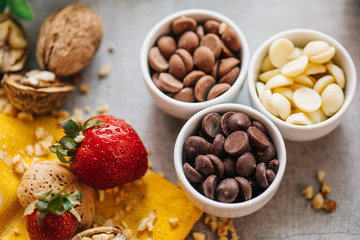  White, dark and milky chocolate chips in a Bowl