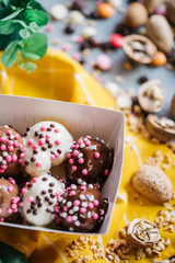 turkish loam. turkish bite dessert with chocolate and white chocolate sauce. strawberry and banana new generation bite