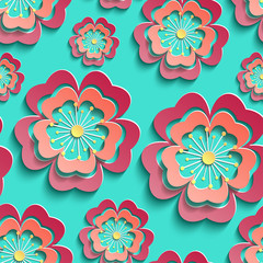 Colorful seamless pattern with 3d stylized sakura
