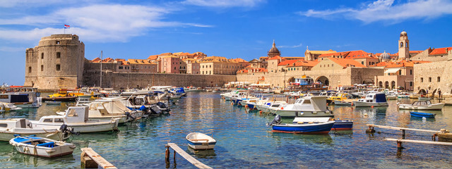 Coastal summer landscape - view of the City Harbour and marina of the Old Town of Dubrovnik on the...