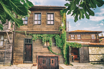 City landscape - view of the old streets and homes in balkan style, the Old Town of Nesebar, in Burgas Province on the Black Sea coast of Bulgaria