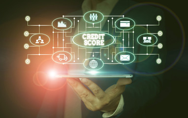 Conceptual hand writing showing Credit Score. Concept meaning creditworthiness of an individual based on credit files Male wear formal suit presenting presentation smart device