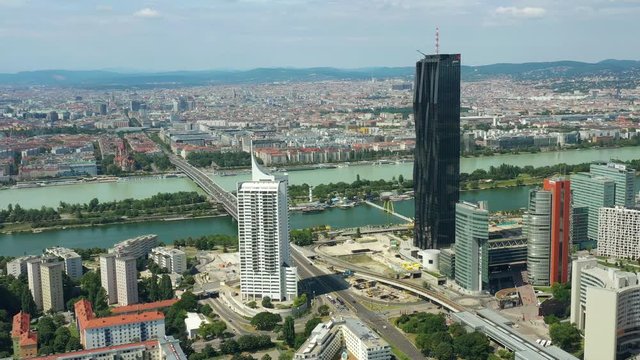 vienna city modern riverside downtown sunny day aerial panorama 4k austria