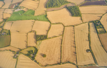 Aerial landscape of yellow and green field from the window of an airplane