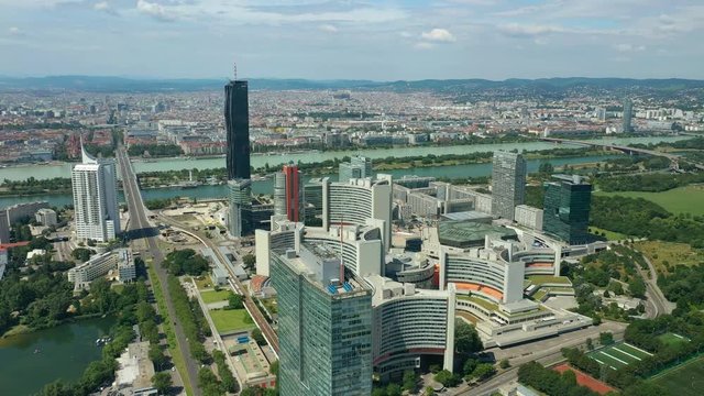 vienna city river coastline modern downtown sunny day aerial panorama 4k austria