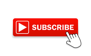 Red button subscribe of channel with hand cursor. Subscribe button in flat style. Label subscribe for video channel for website. vector