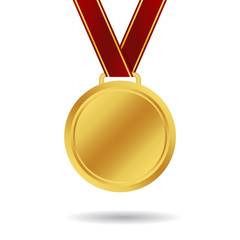 Realistic gold medal mockup. Awarding of the winner with a gold medal with a ribbon on isolated background. Template of gold medal of champion. vector eps10 - obrazy, fototapety, plakaty